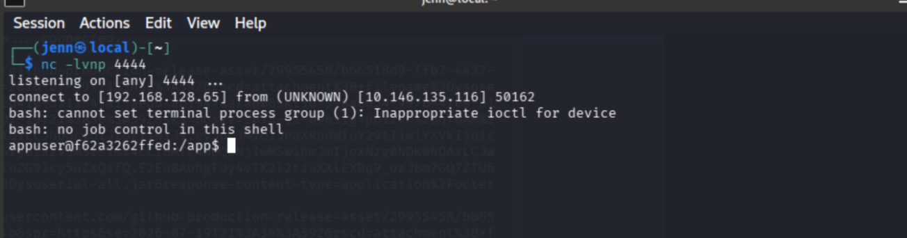 Netcat listener catching the reverse shell from the IronHold server